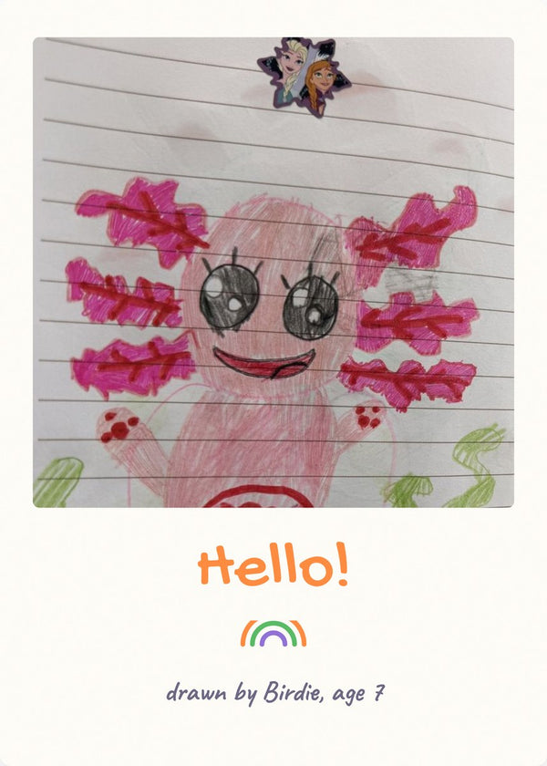 Hello card with a hand-drawn creature