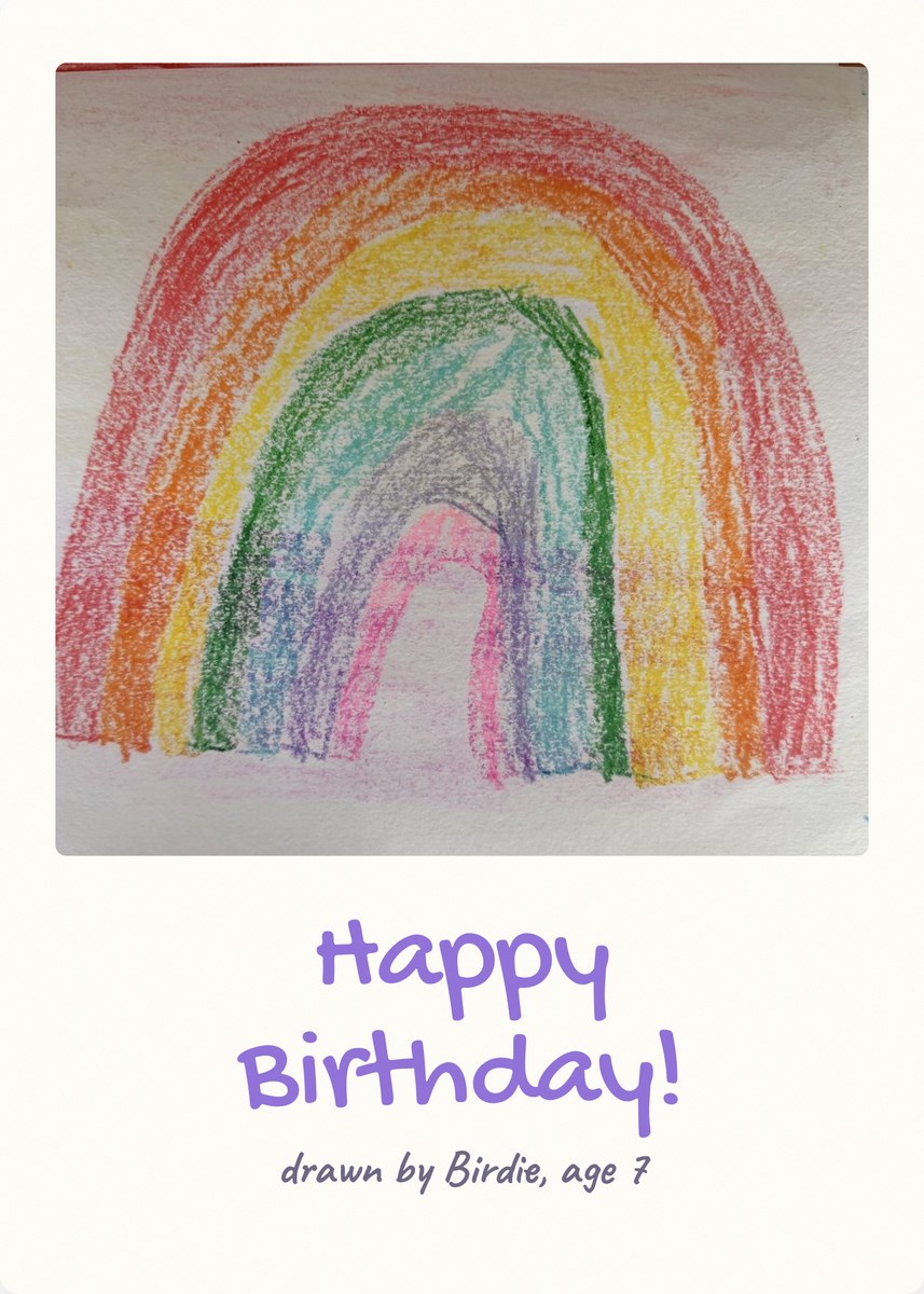 Happy Birthday card with a hand-drawn rainbow