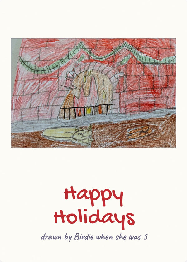 Happy Holidays card: Birdie's fireplace drawing above Happy Holidays in red handwriting