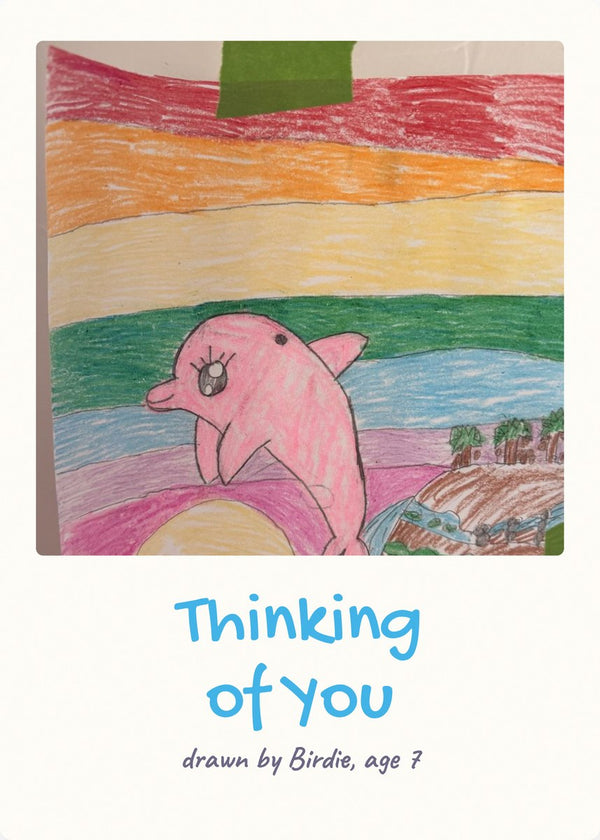 Thinking of You card with a hand-drawn dolphin at sunset
