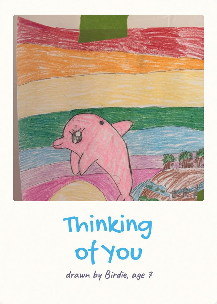 Thinking of You card with a hand-drawn dolphin at sunset