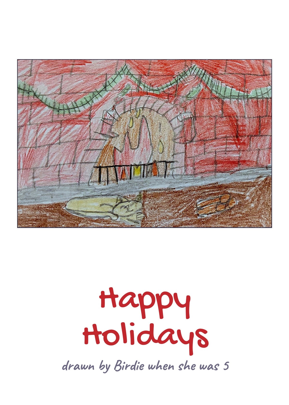 The printed front of the Happy Holidays card, 5 by 7 inches