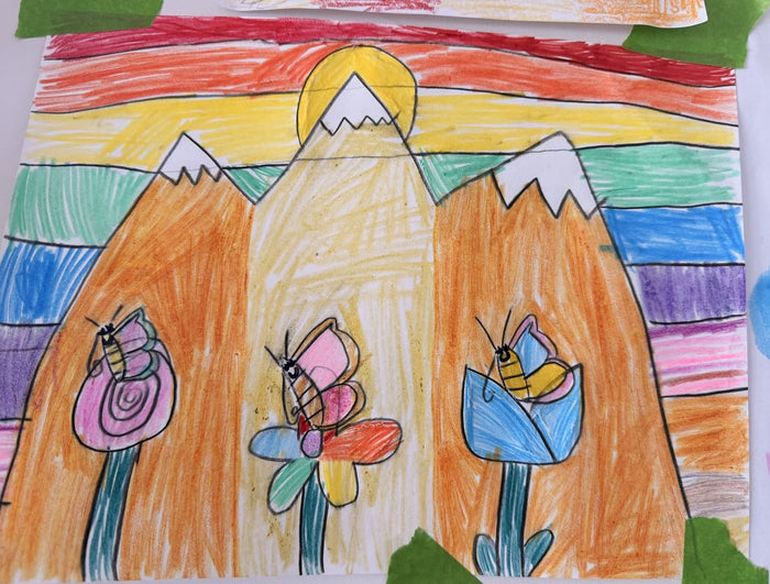 Drawing of three snow-capped mountains at sunrise with butterflies on tulips