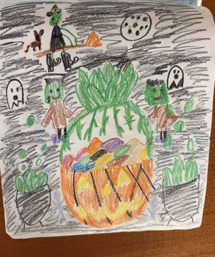 Crayon drawing of a jack-o-lantern full of candy with scarecrows, ghosts and a witch
