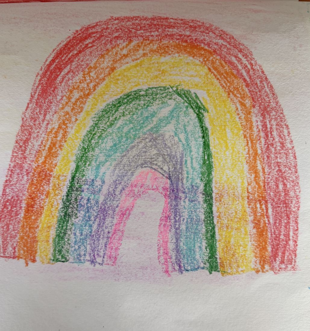 Oil pastel drawing of a large double rainbow