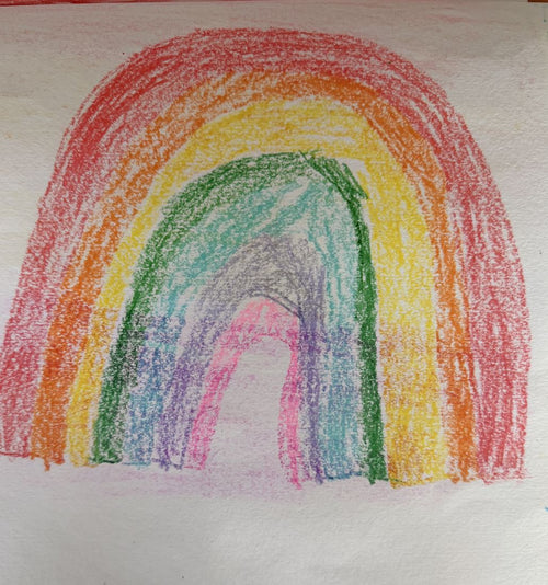 Oil pastel drawing of a large double rainbow